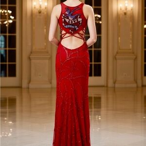 Elegant hand, beaded Attitudes by Debra Red Evening Gown